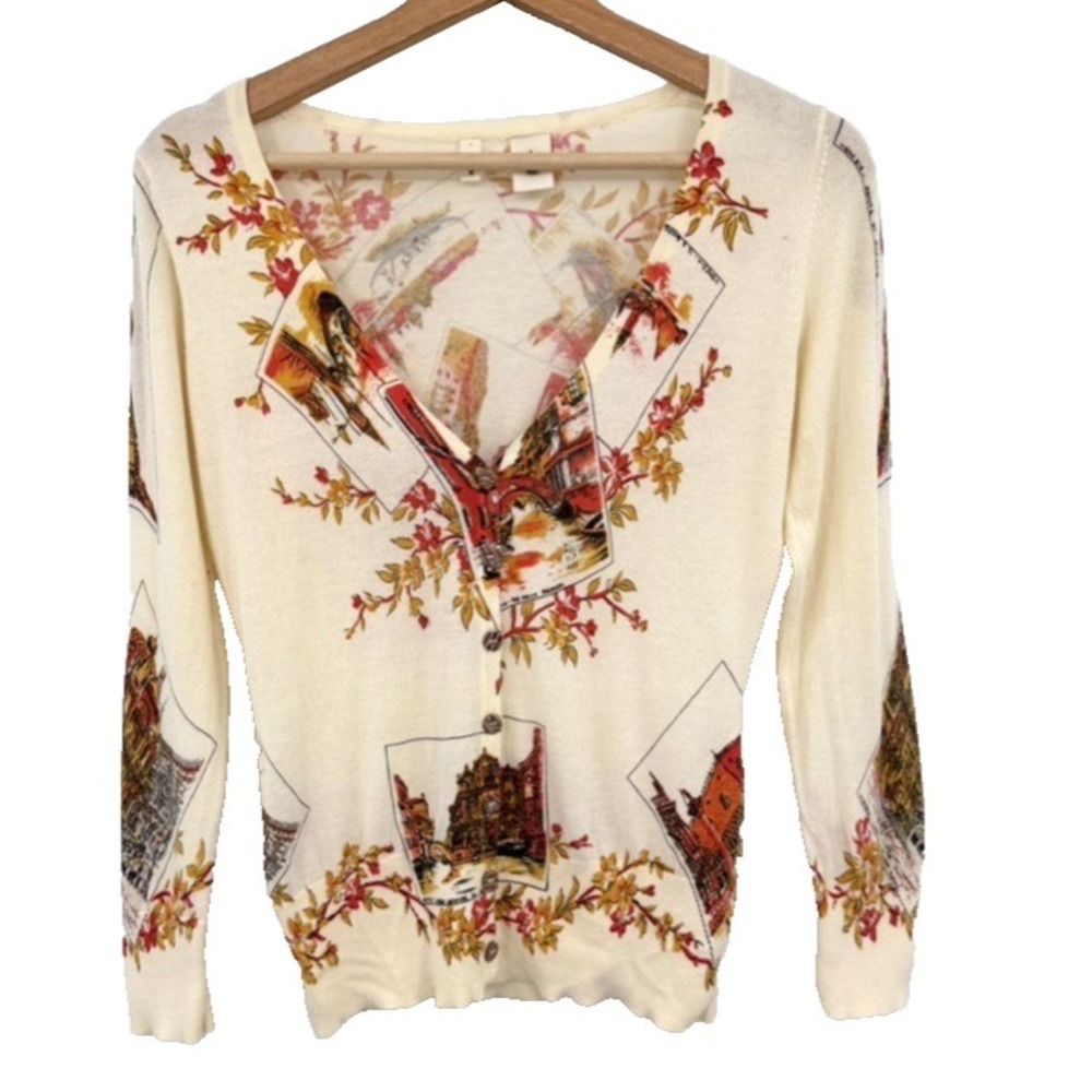 Anthropologie‎ Postmark Cardigan Small Cream Venice Print Cardigan V-Neck Cotton - Picture 2 of 10